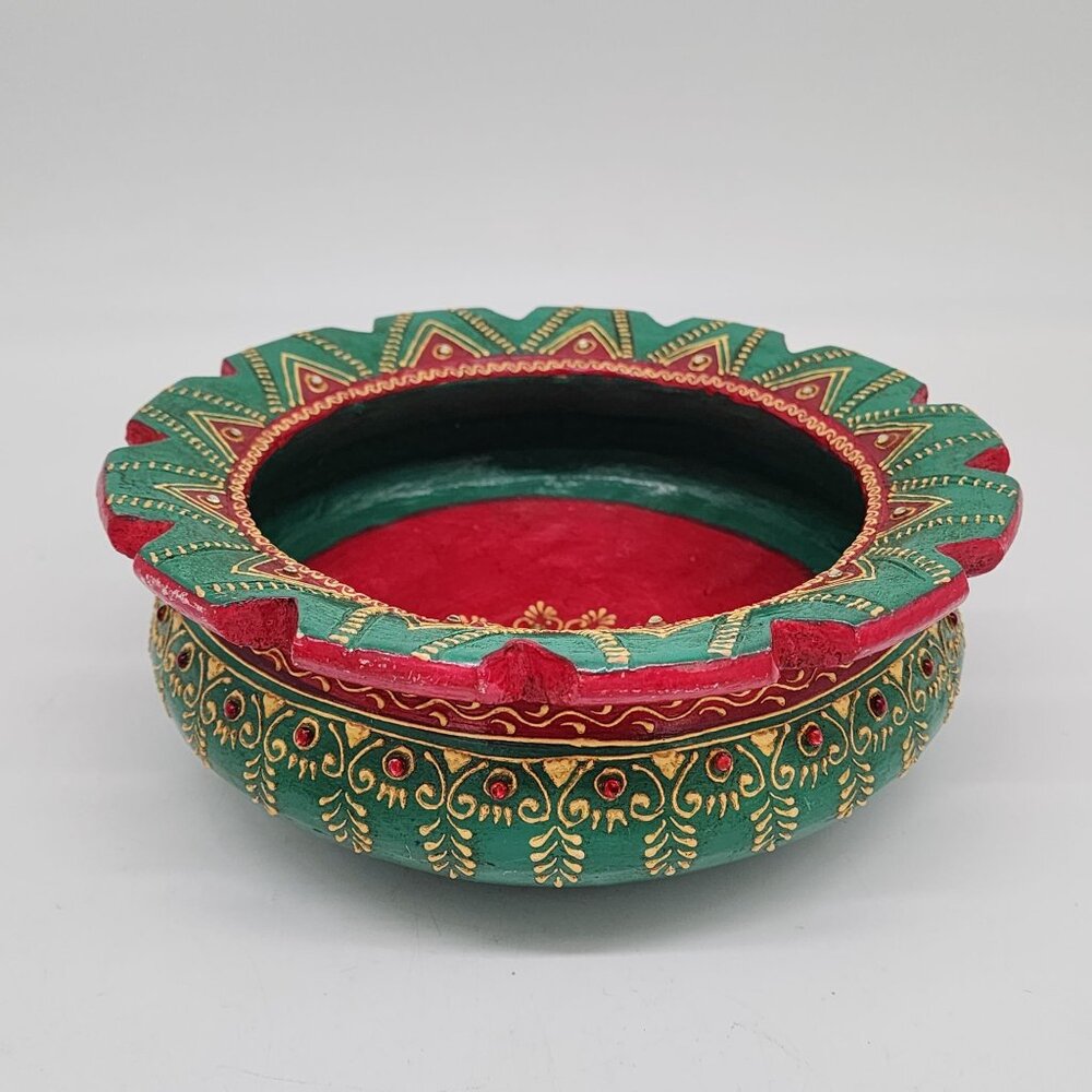Indian Terracotta Uruli Bowl Emerald Green Colorful Jeweled Bohemian Decor 9" Bo - Picture 4 of 12